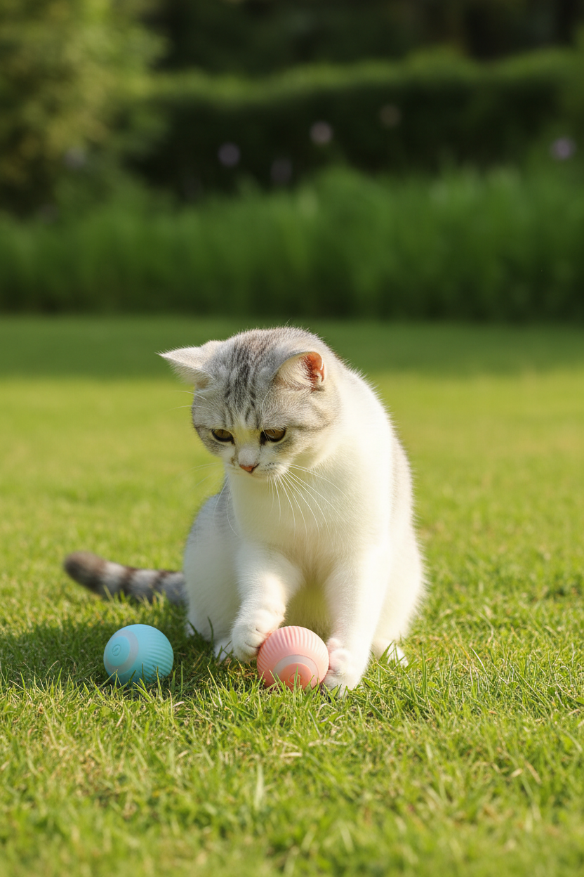 Chat jouant avec la Balle Interactive Chat™ dans un décor naturel