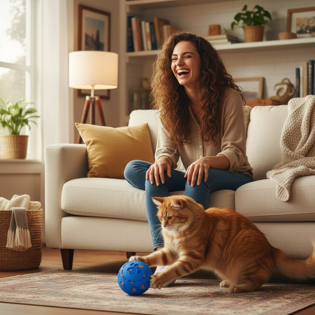 Propriétaire et chat avec la balle