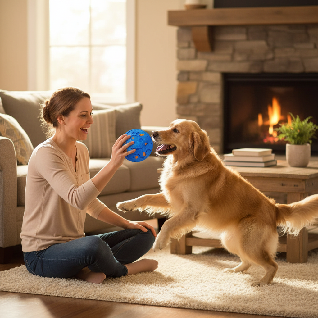 Propriétaire et chien avec la balle